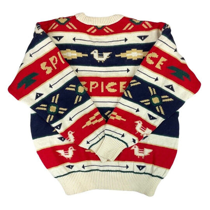 Vintage 90s 00s Red Blue Geometric Pattern World Spice Knitted Padded Jumper S