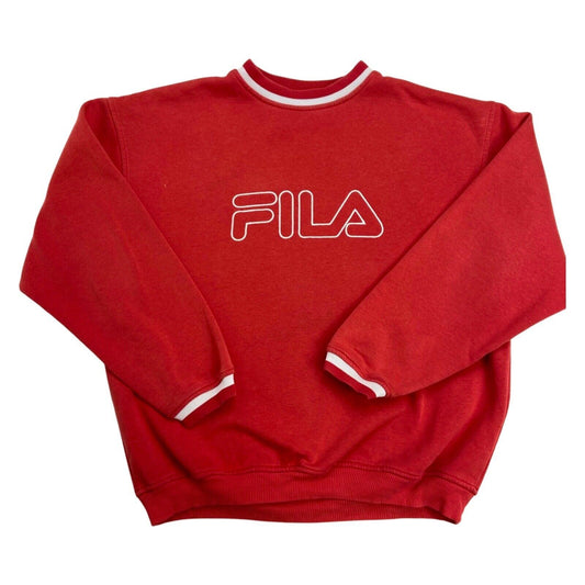 Vintage 90s Red White Embroidered Fila Spellout Logo Sweater XL