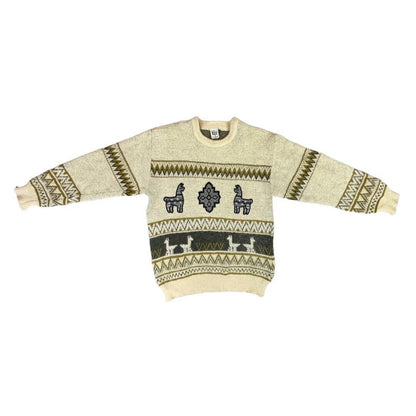 Vintage 80s 90s Cream Grey Alpaca Zig-Zag Patterned Knitted Jumper S M