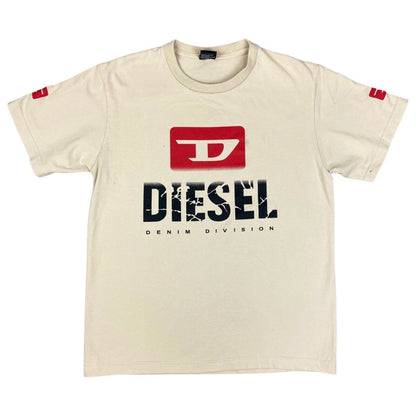Vintage Y2K Beige Red Diesel Print Graphic Logo T-shirt S
