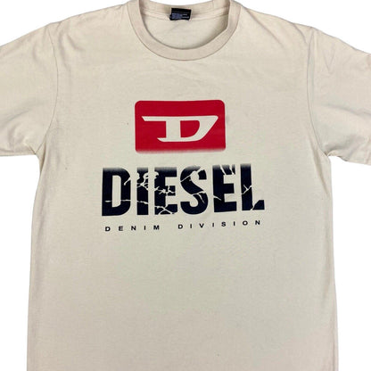 Vintage Y2K Beige Red Diesel Print Graphic Logo T-shirt S