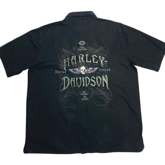 Vintage Y2K Black Harley Davidson Embroidered Skull Shirt XL