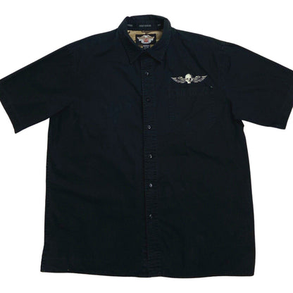 Vintage Y2K Black Harley Davidson Embroidered Skull Shirt XL