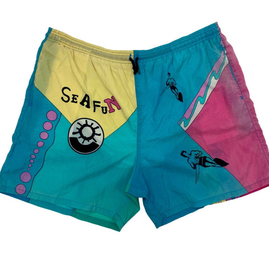 Vintage 80s 90s Blue Yellow Pink Graphic Print Shorts L