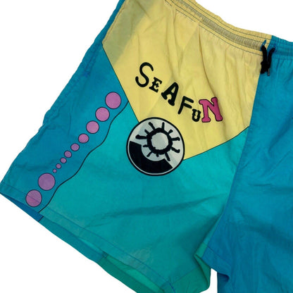 Vintage 80s 90s Blue Yellow Pink Graphic Print Shorts L