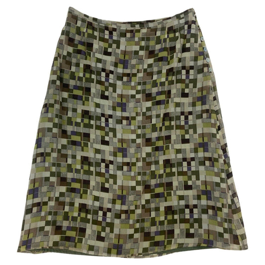 Vintage 90s Green Geometric Print Cacharel Silk Midi Skirt 6 XS