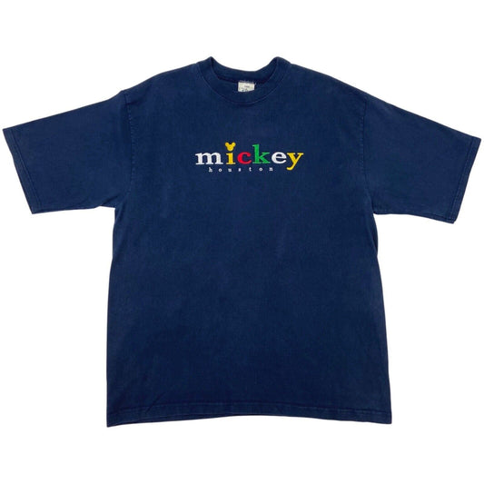 Vintage 90s Navy Blue Mickey Mouse Houston Embroidered Disney T-shirt L