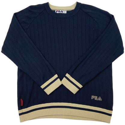 Vintage 90s Navy Blue Cream Embroidered Fila Knit Sweater L