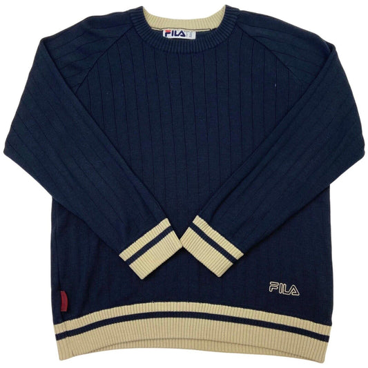 Vintage 90s Navy Blue Cream Embroidered Fila Knit Sweater L