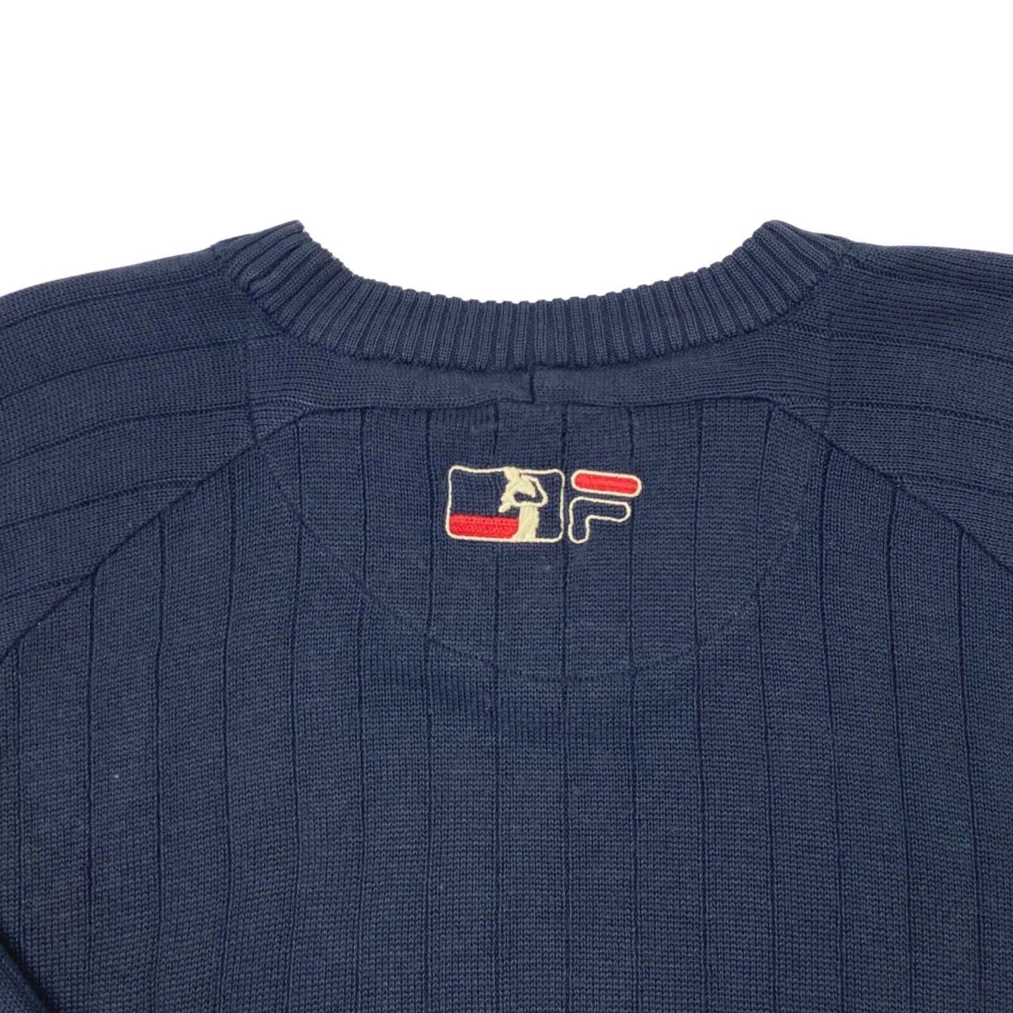 Vintage 90s Navy Blue Cream Embroidered Fila Knit Sweater L