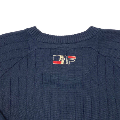 Vintage 90s Navy Blue Cream Embroidered Fila Knit Sweater L