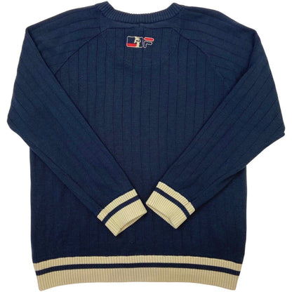 Vintage 90s Navy Blue Cream Embroidered Fila Knit Sweater L