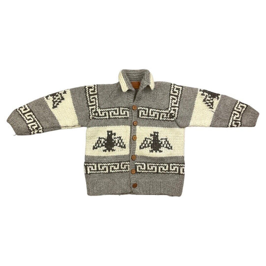 VINTAGE 70s MENS BROWN WOOL COWICHAN GRAPHIC KNIT ROCKABILLY CARDIGAN 44” L