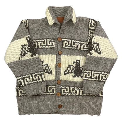 VINTAGE 70s MENS BROWN WOOL COWICHAN GRAPHIC KNIT ROCKABILLY CARDIGAN 44” L