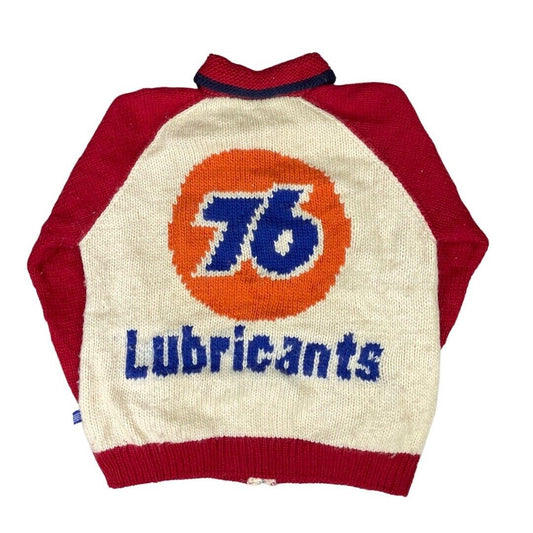 VTG MENS WOOL 76 GAS STATION COWICHAN GRAPHIC KNIT ROCKABILLY CARDIGAN VW 42”