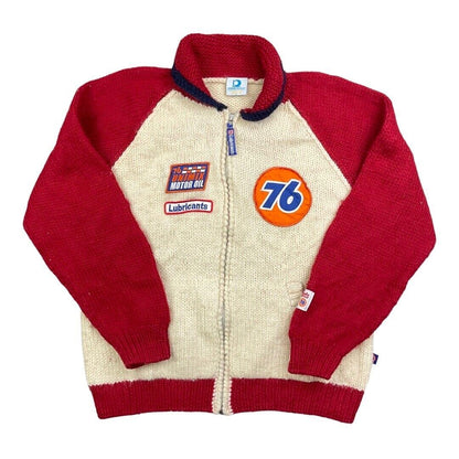 VTG MENS WOOL 76 GAS STATION COWICHAN GRAPHIC KNIT ROCKABILLY CARDIGAN VW 42”