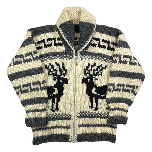 VINTAGE 70s MENS WOOL COWICHAN GRAPHIC KNIT ROCKABILLY CARDIGAN 44” L