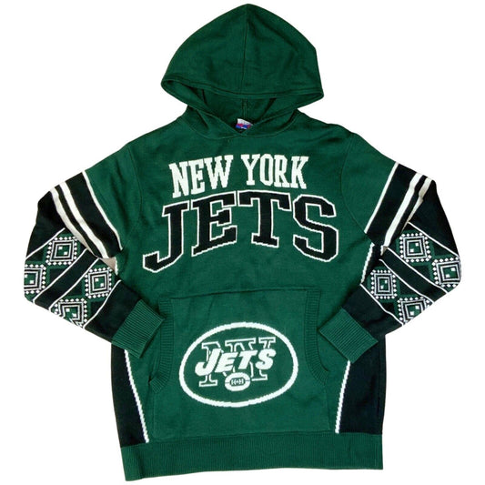 Vintage 00s Green Black White Knitted Hooded Jumper NFL New York Jets L