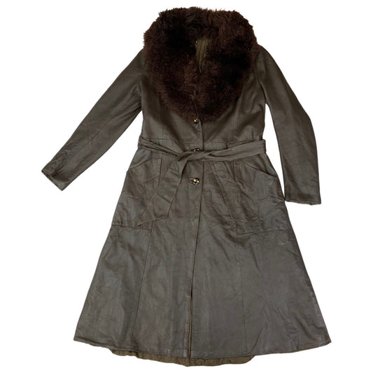 Vintage 70s 80s Dark Brown Leather Shearling Collar Belted Princess Coat 10 12