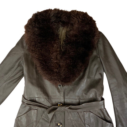 Vintage 70s 80s Dark Brown Leather Shearling Collar Belted Princess Coat 10 12