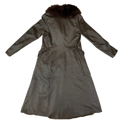 Vintage 70s 80s Dark Brown Leather Shearling Collar Belted Princess Coat 10 12