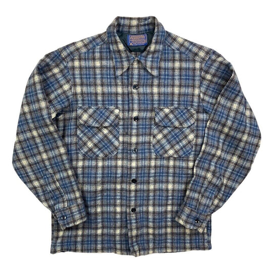 VTG 70s USA BLUE PENDLETON WOOL BOARD SHIRT CHECK PLAID BEACH BOYS XS 34”