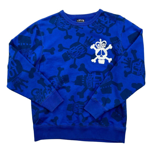 Vintage 00s Rare Y2K Blue Stussy London Skull Skate Jumper Sweatshirt M