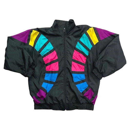 Vintage 80s Black Pink Windbreaker Shell Jacket 12 14 M