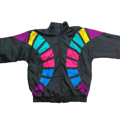 Vintage 80s Black Pink Windbreaker Shell Jacket 12 14 M