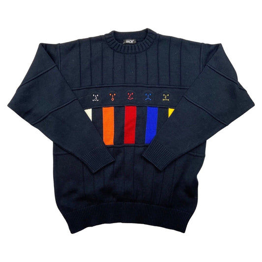 Vintage 90s 00s Novelty Black Many Faces Embroidered Knitted Jumper XL