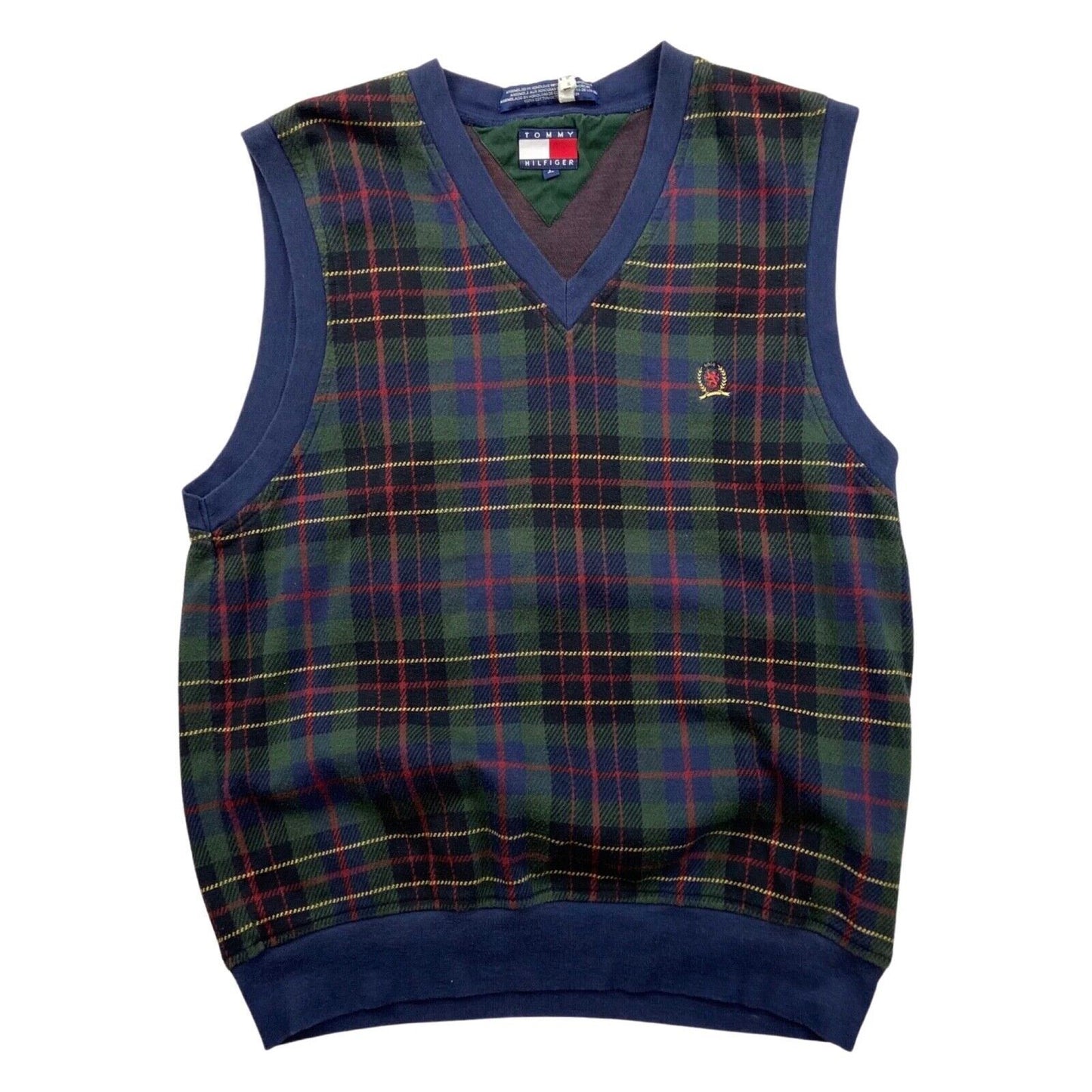 Vintage 90s Navy Green Tartan Tommy Hilfiger V Neck Body Warmer M