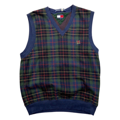 Vintage 90s Navy Green Tartan Tommy Hilfiger V Neck Body Warmer M