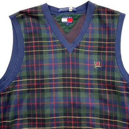 Vintage 90s Navy Green Tartan Tommy Hilfiger V Neck Body Warmer M