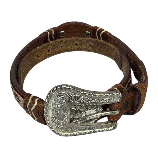 Vintage Brown Silver Justin Woven Stitch Engraved Western Cowboy Belt 35" S/M