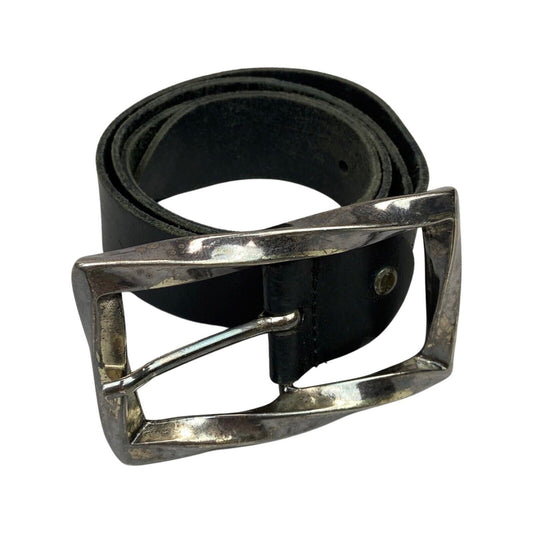 Vintage Black Leather Belt Silver Buckle Chunky Y2K 42 1/2"