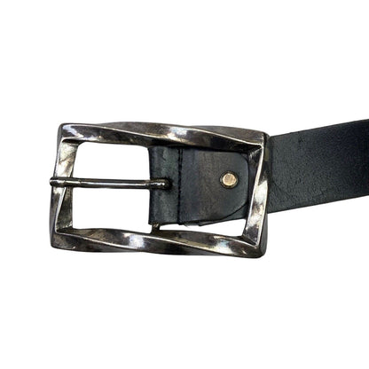 Vintage Black Leather Belt Silver Buckle Chunky Y2K 42 1/2"
