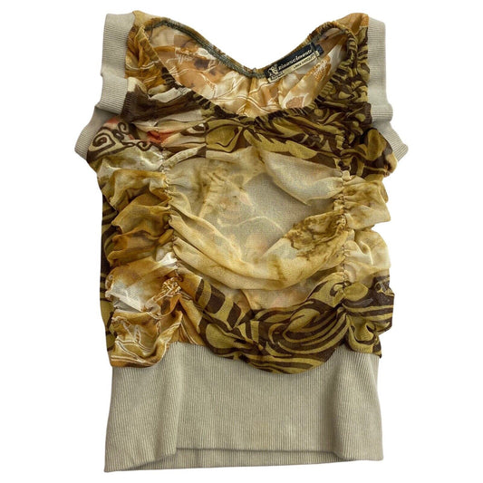 Vintage Y2K Beige Brown Elastic Ribbed Ruched Sheer Mesh Top 8 10 S