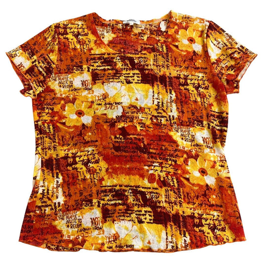 Vintage Y2K Orange Yellow All Over graphic Print Top 14 16 M L