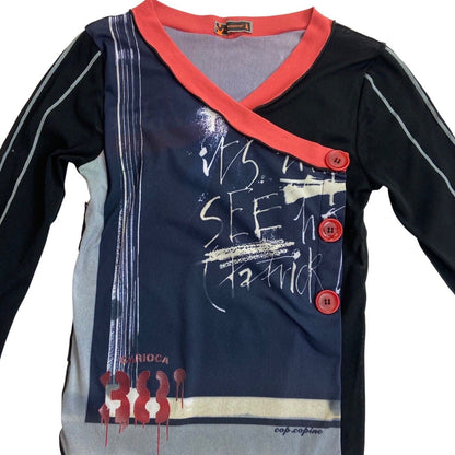 Vintage 90s Y2K Black Navy Cop Copine Graphic Print Mesh Sheer Top 8 10 S