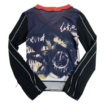 Vintage 90s Y2K Black Navy Cop Copine Graphic Print Mesh Sheer Top 8 10 S