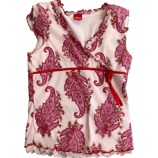 Vintage Y2K Pink Red Paisley Floral Mesh Top 6 8 XS S