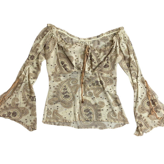 Vintage Y2K Cream Beige Sheer Long Sleeve Paisley Print Top 14 M L