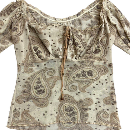 Vintage Y2K Cream Beige Sheer Long Sleeve Paisley Print Top 14 M L