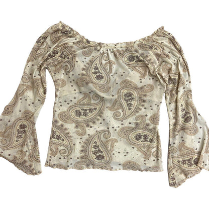 Vintage Y2K Cream Beige Sheer Long Sleeve Paisley Print Top 14 M L