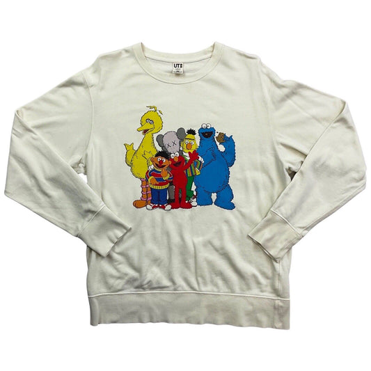 Vintage 00s Cream Uniqlo Kaws Sesame Street Hypebeast Rare Crew Neck Jumper L