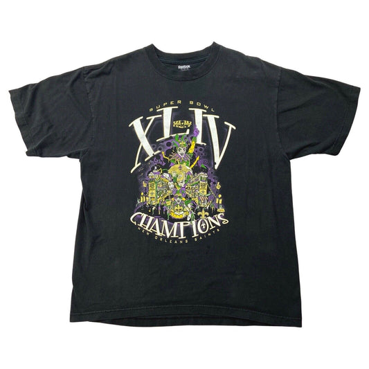 2010 Black Reebok New Orleans Saints 44th Super Bowl Champions T Shirt L