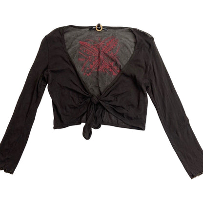 Vintage Y2K Brown Tie Front Mesh Sheer Butterfly Long Sleeve Top S M