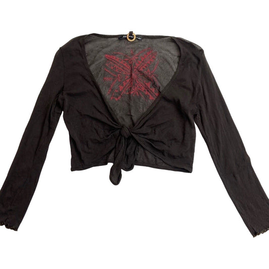 Vintage Y2K Brown Tie Front Mesh Sheer Butterfly Long Sleeve Top S M