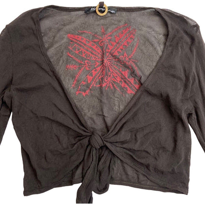 Vintage Y2K Brown Tie Front Mesh Sheer Butterfly Long Sleeve Top S M
