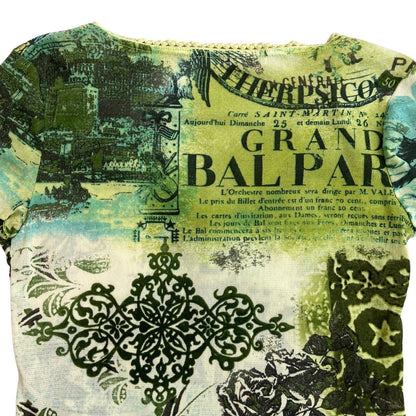 Vintage Y2K Green Sheer Mesh Graphic Print Top 6 8 XS S